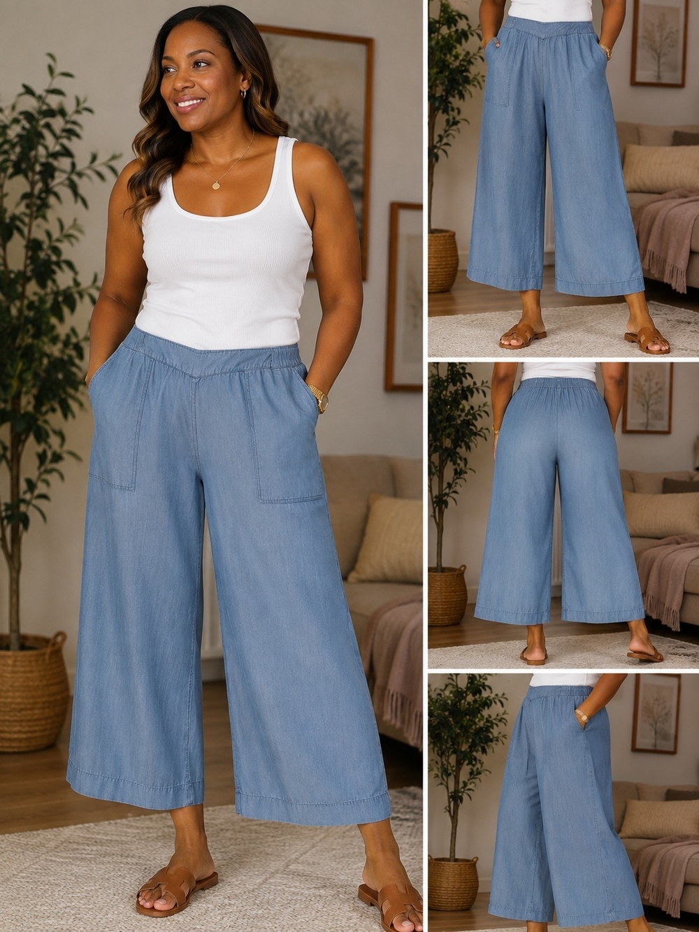 DKNY Lyocell Chambray Wide-Leg Crop Pants – Size Large